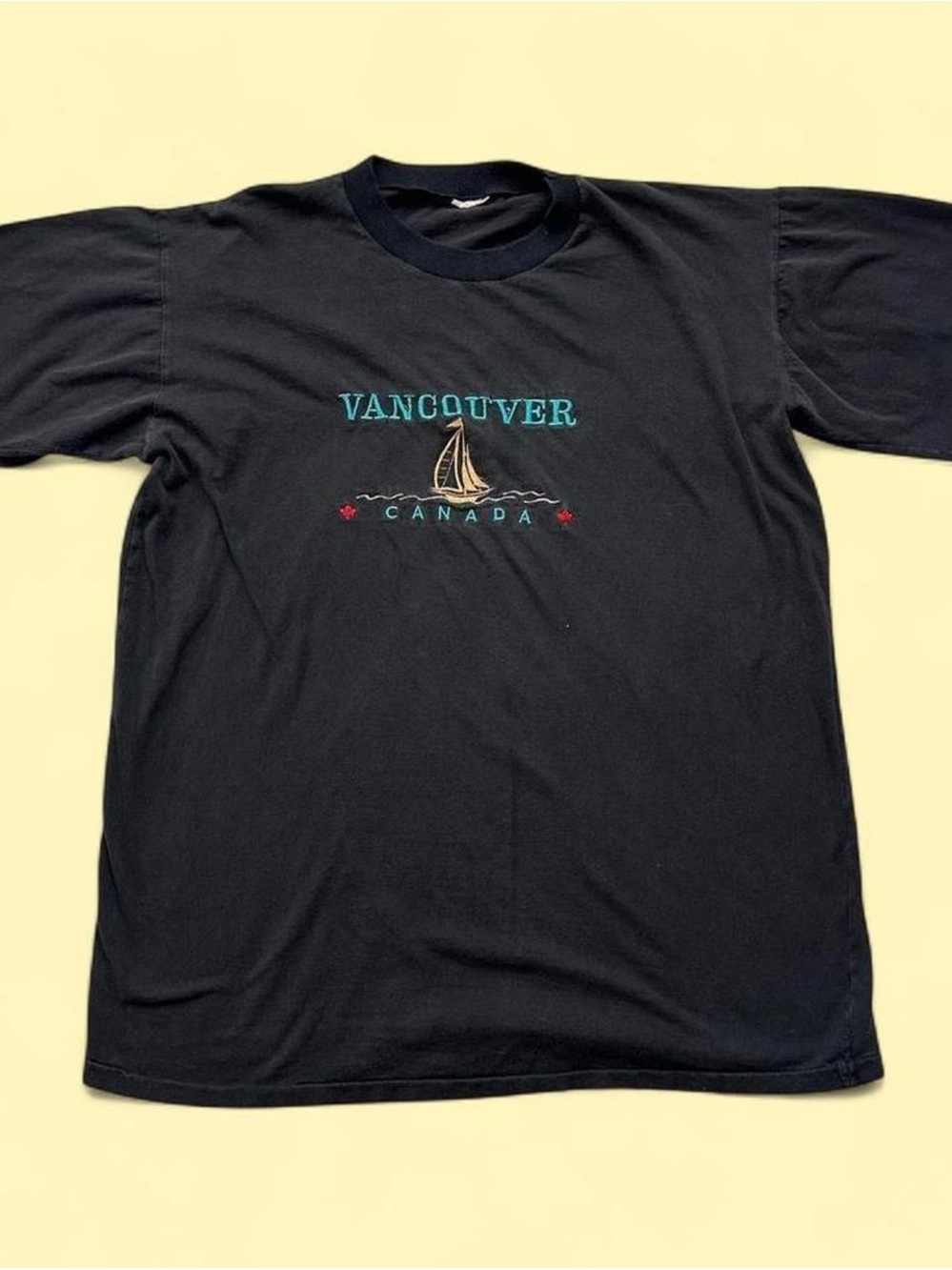 Vintage 1990s Vancouver Canada Black Embroidered Graphic Tee with Sailboat L